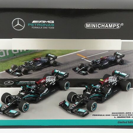 MINICHAMPS 1/43 MERCEDES GP | F1  SET 2X W12 MERCEDES M12 EQ POWER+ TEAM AMG PETRONAS MOTORSPORT FORMULA ONE N 44 SEASON 2021 LEWIS HAMILTON + N 77 SEASON 2021 VALTTERI BOTTAS | BLACK GREEN