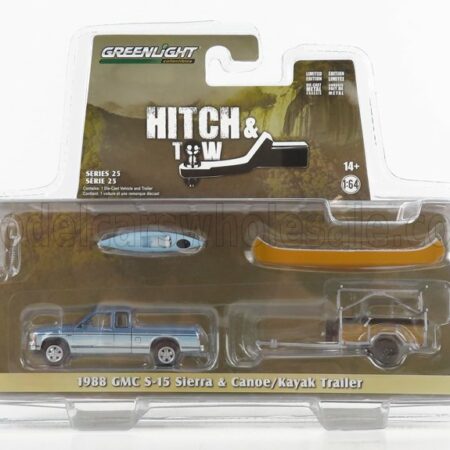 GREENLIGHT 1/64 GMC | S-15 PICK-UP WITH TRAILER AND BOAT 1988 | LIGHT BLUE WOOD