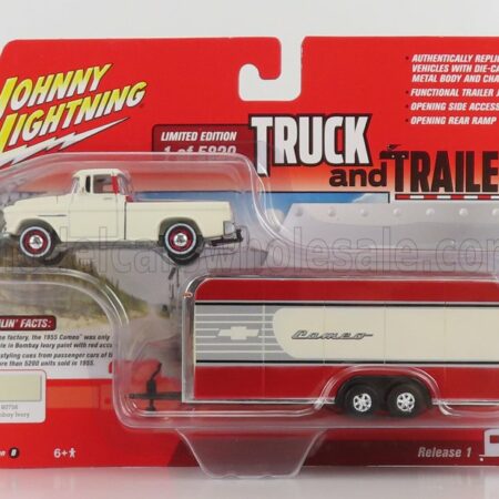 JOHNNY LIGHTNING 1/64 CHEVROLET | CAMEO PICK-UP WITH TRAILER 1955 | BEIGE RED