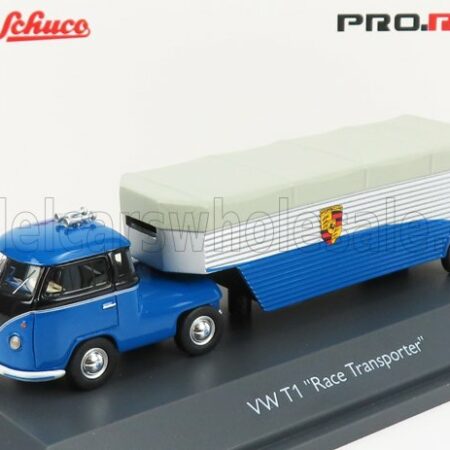 SCHUCO 1/64 VOLKSWAGEN | T1b CONTINENTAL MOTORS PORSCHE CAR TRANSPORTER 1962 | BLUE BLACK