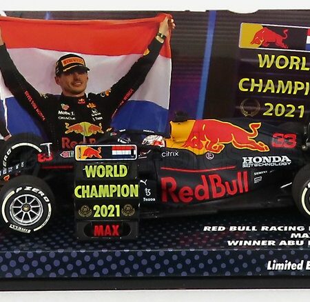 MINICHAMPS 1/43 RED BULL | F1  RB16B HONDA RA620H TEAM ASTON MARTIN N 33 WINNER ABU DHABI GP WITH PIT BOARD WORLD CHAMPION 2021 MAX VERSTAPPEN | MATT BLUE YELLOW RED