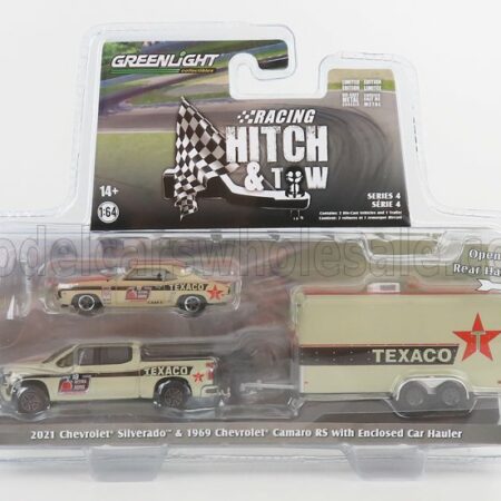 GREENLIGHT 1/64 CHEVROLET | SILVERADO PICK-UP 2021 WITH TRAILER + CAMARO RS TEXACO COUPE 1969 | BEIGE