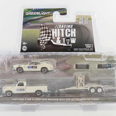 GREENLIGHT 1/64 FORD USA | F-100 PICK-UP 1969 WITH TRAILER + MUSTANG BOSS 429 COUPE RACE VERSION 1969 | WHITE