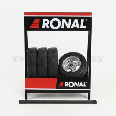 IXO-MODELS 1/18 ACCESSORIES | CAVALLETTO SUPPORTO 4X PNEUMATICI RONAL - METAL RACK WITH 4X TYRES | BLACK SILVER