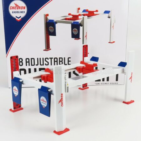 GREENLIGHT 1/18 ACCESSORIES | CHEVRON GARAGE SET OFFICINA - PONTE SOLLEVATORE AUTO - FOUR POST LIFT | WHITE RED BLUE