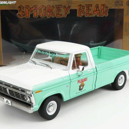 GREENLIGHT 1/18 FORD USA | F-100 PICK-UP FOREST SERVICE GREEN WITH SMOKEY BEAR FIGURE 1975 | VERY LIGHT GREEN WHITE