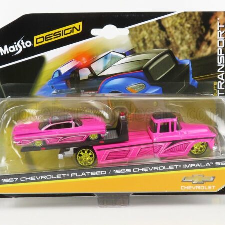 MAISTO 1/64 CHEVROLET | IMPALA SS 1959 WITH RAMP TRUCK FLATBED 1957 | PINK