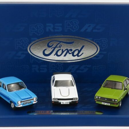 CORGI 1/43 FORD ENGLAND | COFFRET BOX SET 3X 1970s FORD RS COLLECTION - ESCORT MKI RS 2000 1974 - CAPRI MKI RS 3100 1971 - ESCORT MKII RS 2000 1976 | OLYMPIC BLUE - DIAMOND WHITE - JAVA GREEN