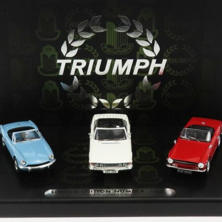 CORGI 1/43 TRIUMPH | COFFRET BOX SET 3X COLLECTION - SPITFIRE MKIII 1962 - STAG MKII 1955 - TR6 1960 | LIGHT BLUE RED WHITE