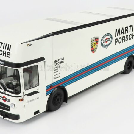 SCHUCO 1/18 MERCEDES BENZ | O317 TRUCK CAR TRANSPORTER PORSCHE MARTINI RACING 1968 | WHITE BLUE