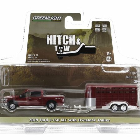 GREENLIGHT 1/64 FORD USA | F-150 XLT PICK-UP 2019 WITH LIVESTOCK TRAILER | RED SILVER