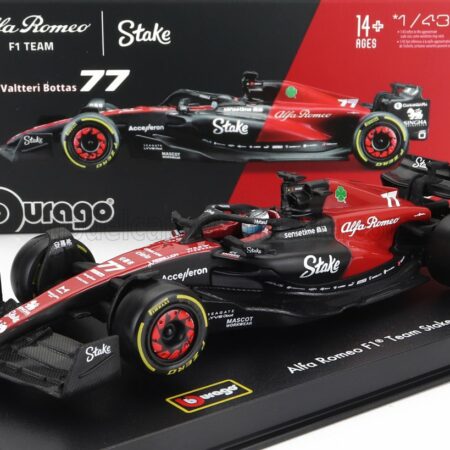 BURAGO 1/43 ALFA ROMEO | F1  C43 TEAM STAKE N 77 SEASON 2023 VALTTERI BOTTAS - CON PILOTA E VETRINA - WITH PILOT AND SHOWCASE - EXCLUSIVE CARMODEL | BLACK RED