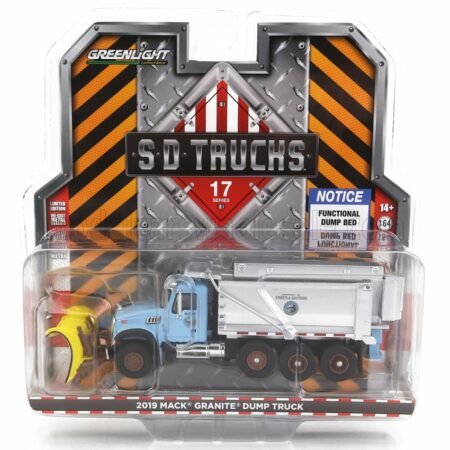 GREENLIGHT 1/64 MACK | GRANITE DUMP TRUCK CASSONE RIBALTABILE 4-ASSI 2019 - SPAZZANEVE - SNOWPLOW | LIGHT BLUE SILVER