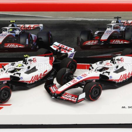 MINICHAMPS 1/43 HAAS | F1  SET 2X VF-22 FERRARI TEAM HAAS N 20 5th BAHRAIN GP 2022 KEVIN MAGNUSSEN + N 47 BAHRAIN GP 2022 MICK SCHUMACHER | WHITE BLACK RED