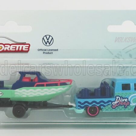 MAJORETTE 1/64 VOLKSWAGEN | T1 DOUBLE CABINE PICK-UP WITH TRAILER + MOTORBOAT 1962 | 2 TONE BLUE