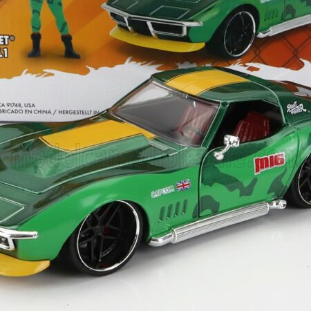 JADA 1/24 CHEVROLET | CORVETTE ZL1 STINGRAY 1969 WITH CAMMY STREET FIGHTER FIGURE | GREEN YELLOW