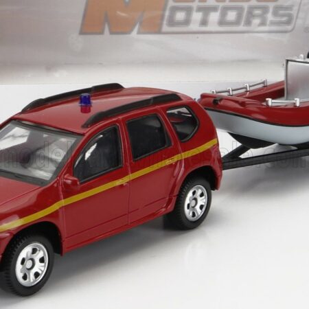 MONDOMOTORS 1/43 DACIA | DUSTER SAPEURS POMPIERS CON CARRELLO E GOMMONE 2020 - TRAILER AND MOTORBOAT | RED YELLOW