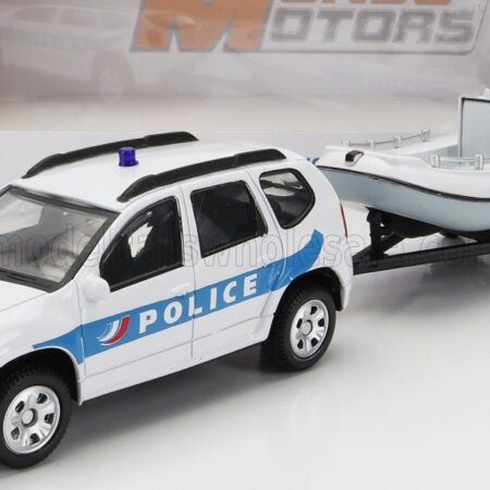 MONDOMOTORS 1/43 DACIA | DUSTER POLICE CON CARRELLO E GOMMONE 2020 - TRAILER AND MOTORBOAT | WHITE LIGHT BLUE