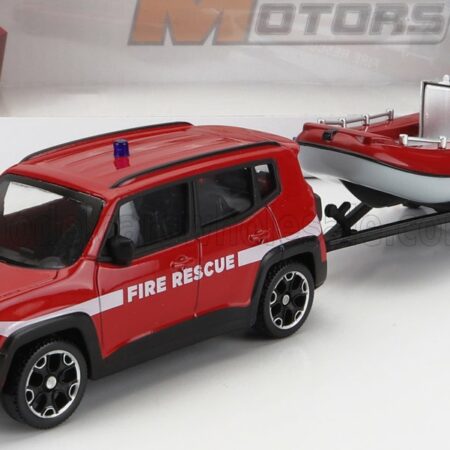 MONDOMOTORS 1/43 JEEP | RENEGADE FIRE ENGINE CON CARRELLO E GOMMONE 2017 - TRAILER AND MOTORBOAT | RED WHITE