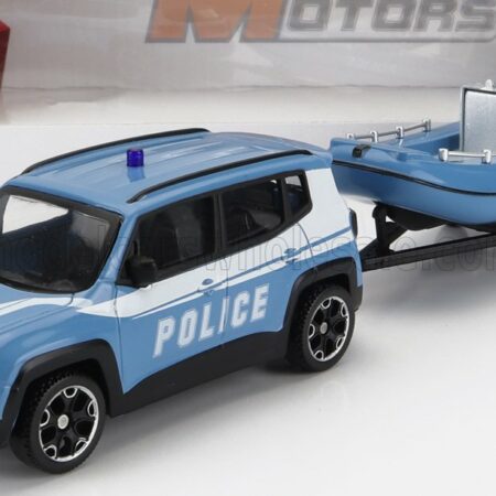 MONDOMOTORS 1/43 JEEP | RENEGADE POLICE CON CARRELLO E GOMMONE 2017 - TRAILER AND MOTORBOAT | LIGHT BLUE WHITE