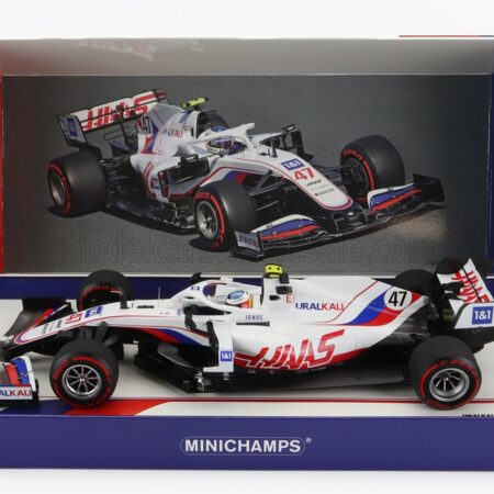 MINICHAMPS 1/18 HAAS | F1  VF-21 FERRARI 065/6 TEAM URALKALI N 47 BELGIUM GP 2021 MICK SCHUMACHER WITH MICHAEL SCHUMACHER RETRO HELMET LIVERY | WHITE BLUE RED