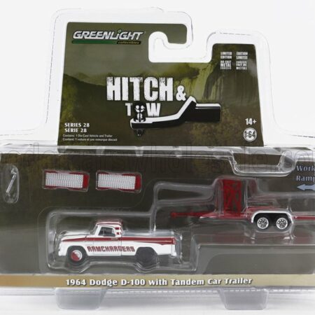 GREENLIGHT 1/64 DODGE | D-100 PICK-UP RAMCHARGERS 1964 WITH TRAILER CAR TRANSPORTER | WHITE RED