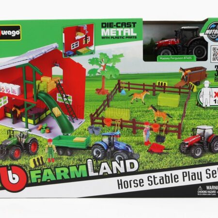 BURAGO 1/50 MASSEY FERGUSON | SET FARM HORSE STABLE PLAY 8740S TRACTOR 2016 | RED