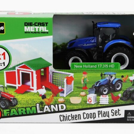 BURAGO 1/50 NEW HOLLAND | SET FARM CHICKEN COOP PLAY T7.315 TRACTOR 2009 | BLUE