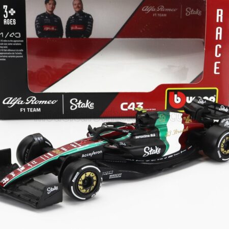 BURAGO 1/43 ALFA ROMEO | F1  C43 TEAM STAKE N 24 MONZA ITALY GP 2023 GUANYU ZHOU | BLACK RED WHITE GREEN