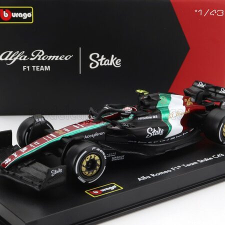 BURAGO 1/43 ALFA ROMEO | F1  C43 TEAM STAKE N 24 MONZA ITALY GP 2023 GUANYU ZHOU - WITH PILOT AND SHOWCASE | BLACK RED WHITE GREEN