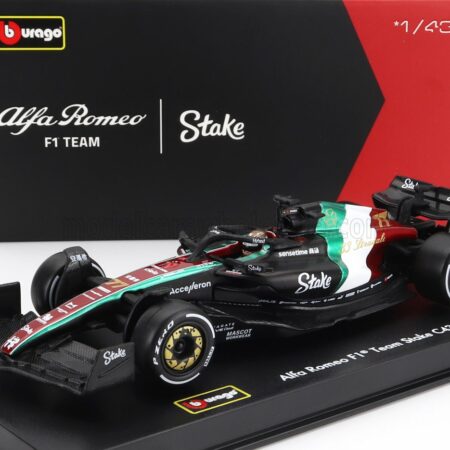 BURAGO 1/43 ALFA ROMEO | F1  C43 TEAM STAKE N 77 MONZA ITALY GP 2023 VALTTERI BOTTAS - WITH PILOT AND SHOWCASE | BLACK RED WHITE GREEN