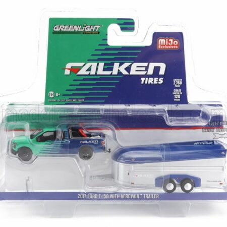 GREENLIGHT 1/64 FORD USA | F-150 PICK-UP WITH AEROVAULT TRAILER FALKEN TIRES 2017 | GREEN BLUE