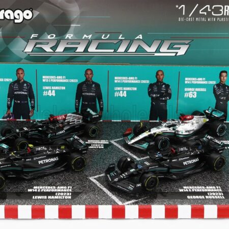 BURAGO 1/43 MERCEDES GP | SET F1 4X W14 TEAM MERCEDES-AMG PETRONAS FORMULA ONE N 44 SEASON 2023 LEWIS HAMILTON - N 63 SEASON 2023 GEORGE RUSSEL - W13 N 44 SEASON 2022 LEWIS HAMILTON - W12 N 44 SEASON 2021 LEWIS HAMILTON | MATT BLACK SILVER