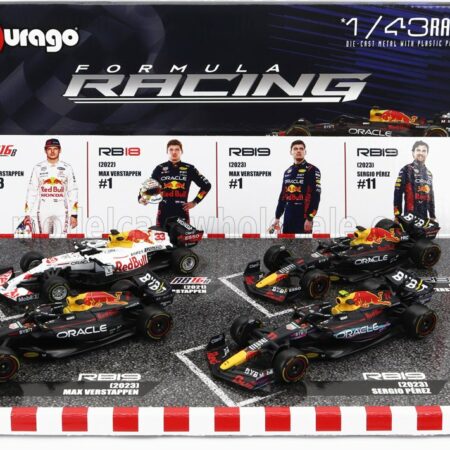 BURAGO 1/43 RED BULL | SET F1 4X RB19 TEAM ORACLE RED BULL RACING N 1 WORLD CHAMPION SEASON 2023 MAX VERSTAPPEN - N 11 2nd MIAMI GP 2023 SERGIO PEREZ - RB18 N 1 WORLD CHAMPION SEASON 2022 MAX VERSTAPPEN - RB16B N 33 WORLD CHAMPION 2nd TURKISH GP 2021 MAX VERSTAPPEN 2021 | MATT BLUE WHITE