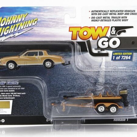 JOHNNY LIGHTNING 1/64 CHEVROLET | MONTECARLO 1980 WITH TRAILER AND MOTORBOAT | GOLD BLACK