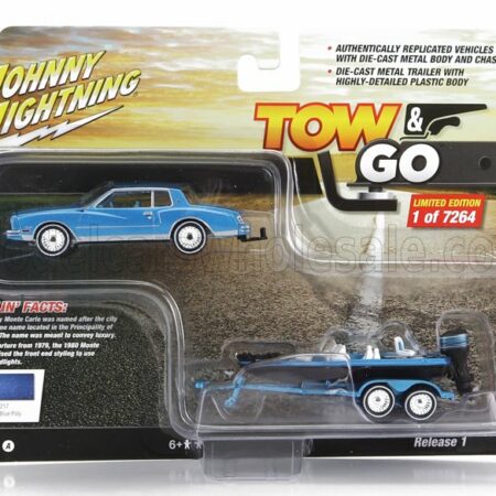 JOHNNY LIGHTNING 1/64 CHEVROLET | MONTECARLO 1980 WITH TRAILER AND MOTORBOAT | BLUE BLACK