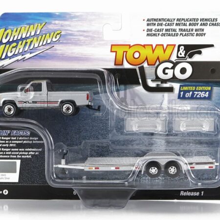 JOHNNY LIGHTNING 1/64 FORD USA | RANGER PICK-UP 1983 WITH TRAILER CAR TRANSPORTER | SILVER