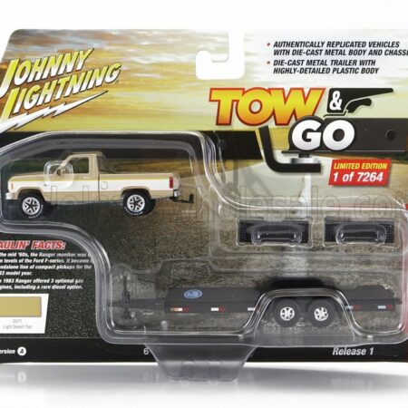 JOHNNY LIGHTNING 1/64 FORD USA | RANGER PICK-UP 1983 WITH TRAILER CAR TRANSPORTER | BEIGE WHITE BLACK