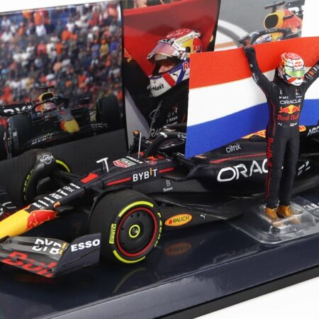 MINICHAMPS 1/43 RED BULL | F1  RB18 TEAM ORACLE RED BULL RACING N 1 WORLD CHAMPION WINNER ZANDVOORT DUTCH GP 2022 WITH FLAG AND FIGURE MAX VERSTAPPEN | MATT BLUE YELLOW RED