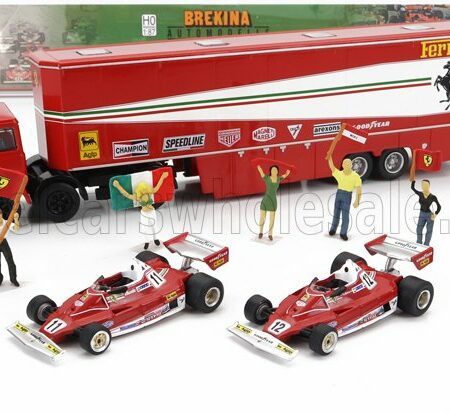 BREKINA PLAST 1/87 FIAT | 691 T TRUCK CAR TRANSPORTER ASSISTANCE WITH 6X FIGURES + 2X F1 FERRARI 312T2 N 11 WORLD CHAMPION NIKI LAUDA + N 12 CARLOS REUTEMANN SEASON 1977 | RED