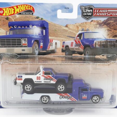 MATTEL HOT WHEELS 1/64 DODGE | RETRO RIG TRUCK CAR TRANSPORTER WITH MACHO POWER PICK-UP N 80 RACING 1980 | BLUE WHITE