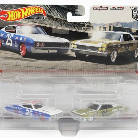 MATTEL HOT WHEELS 1/64 FORD USA | SET 2X TORINO TALLADEGA N 25 RACING + CHEVROLET CHEVELLE N 86 RACING 1966 | WHITE BLUE GOLD