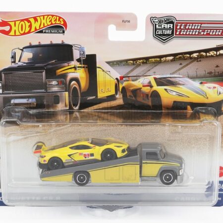 MATTEL HOT WHEELS 1/64 TRUCK | RAMP TRUCK CAR TRANSPORTER WITH CHEVROLET CORVETTE C8.R N 3 RACING 2021 | YELLOW GREY