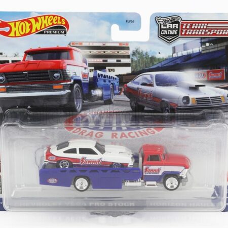 MATTEL HOT WHEELS 1/64 TRUCK | HORIZON RAMP TRUCK HAULER CAR TRANSPORTER WITH CHEVROLET VEGA RACING 1974 | RED WHITE BLUE