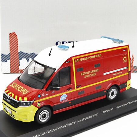 ODEON 1/43 MAN | TGE L2H2 GIFA VSAV SDIS 31 HAUTE-GARONNE VEHICULE DE SECOURS ET D'ASSISTANCE AUX VICTIMES SAPEURS POMPIERS 2020 | RED WHITE YELLOW