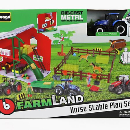 BURAGO 1/50 NEW HOLLAND | SET FARM HORSE STABLE PLAY T7.315 TRACTOR 2009 | BLUE