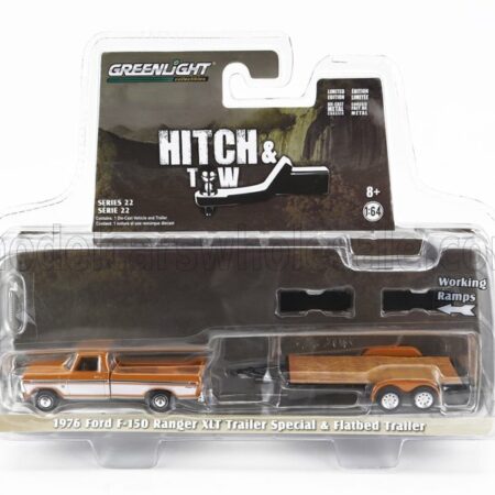 GREENLIGHT 1/64 FORD USA | F-150 PICK-UP RANGER XLT WITH TRAILER CAR TRANSPORTER 1976 | YELLOW WHITE