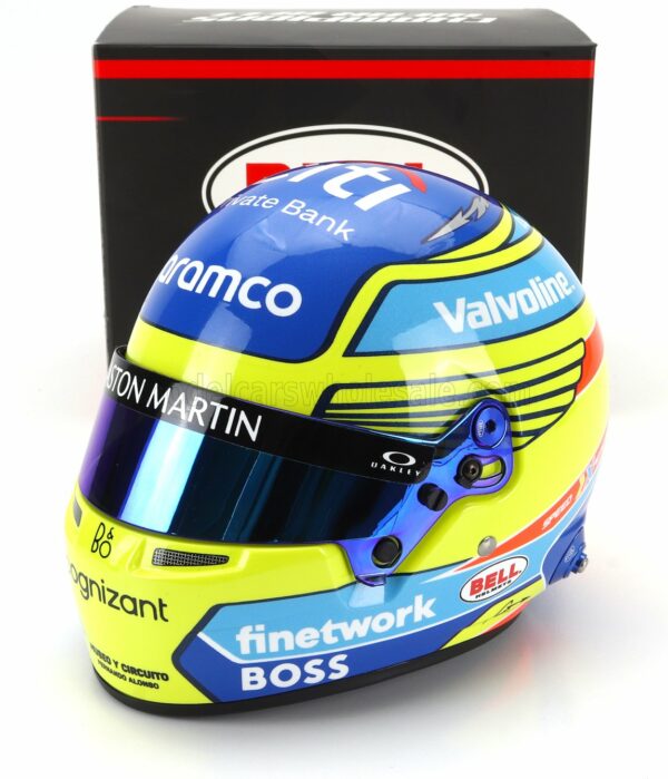 MINI HELMET 1/2 BELL HELMET | CASCO HELMET F1 FERNANDO ALONSO TEAM ASTON MARTIN ARAMCO COGNIZANT N 14 SEASON 2024 | YELLOW BLUE