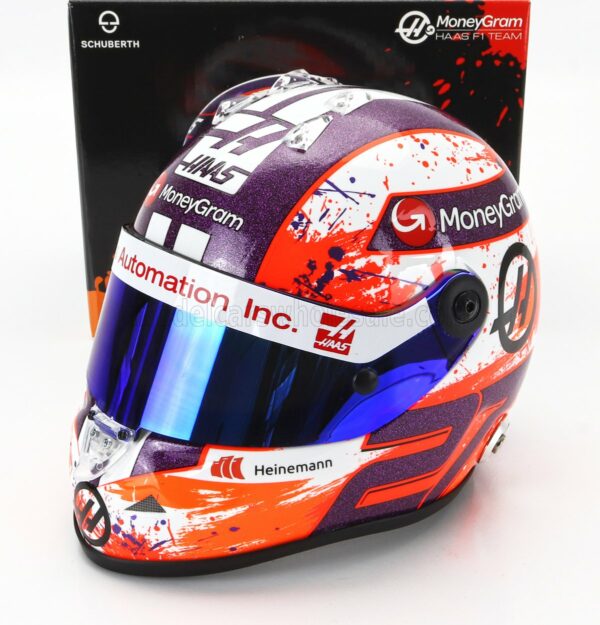 MINI HELMET 1/2 SCHUBERTH HELMET | CASCO HELMET F1 NICO HULKENBERG TEAM MONEYGRAM HAAS N 27 SEASON 2023 | WHITE ORANGE PURPLE