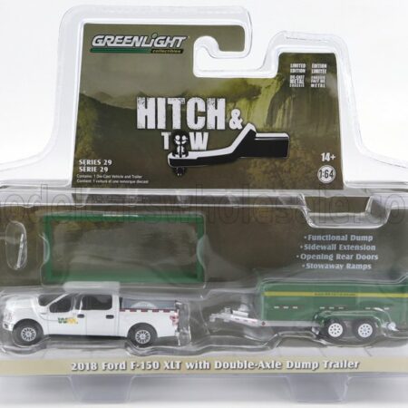 GREENLIGHT 1/64 FORD USA | F-150 PICK-UP 2018 WITH SMALL CARGO UPS TRAILER | WHITE GREEN